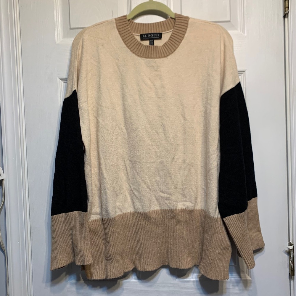 Eloquii Colorblock Crew Neck Sweater 18/20 Cream Tan Black Knit Minimalist Chic
